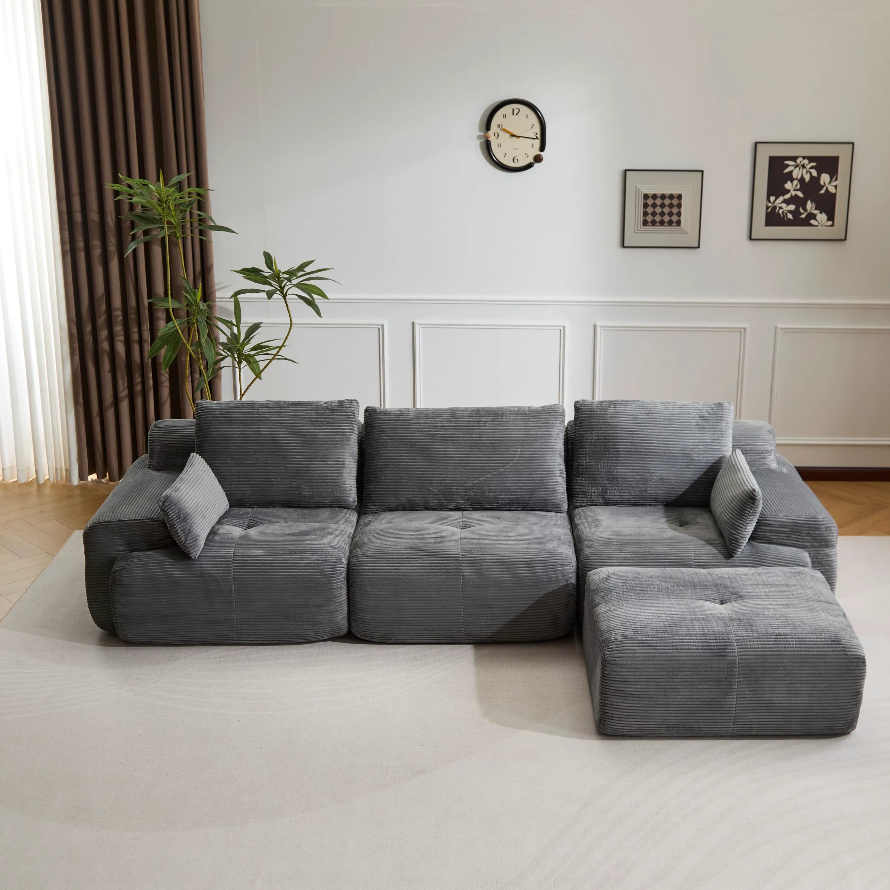 Canapé Mellow en velours côtelé gris en forme de L